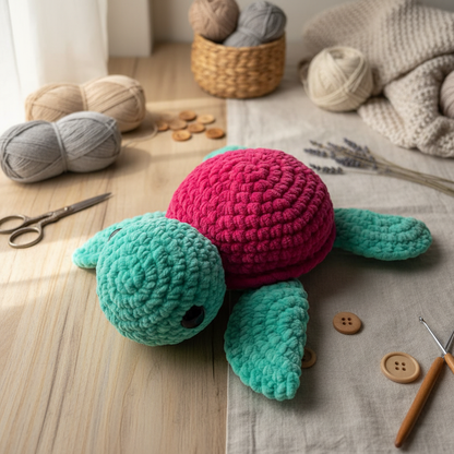 Amigurumi Tartaruga G  Verde água e Rosa choque