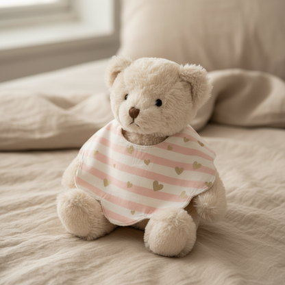 Babete Flor – Riscas Rosa & Corações Dourados – Urso de Pelúcia Lifestyle