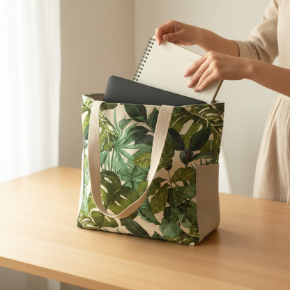 Tote-Bag G Folhas Verdes - Bolso Lateral